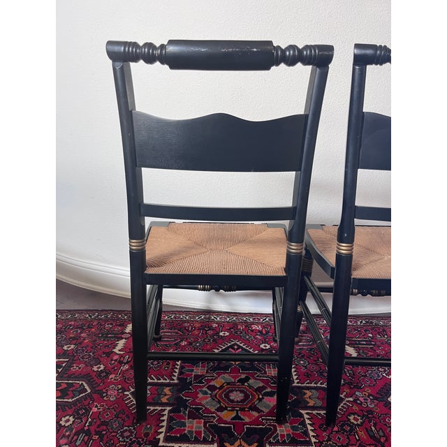 Set of 2 - Vintage Hitchcock Style Stenciled, Black and Gold Painted Chairs, Rush Seats For Sale - Image 10 of 12