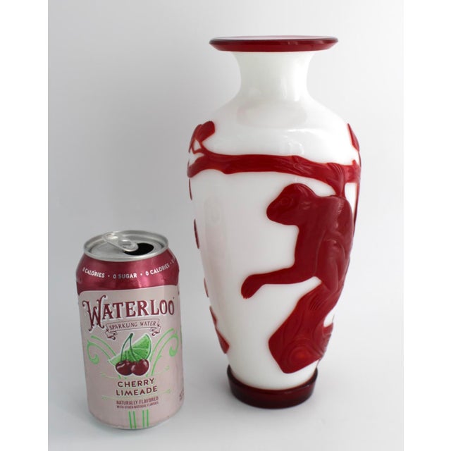 Antique Chinese Red & White Peking Glass Vase, Hand Carved Monkey, C1910 For Sale - Image 10 of 13