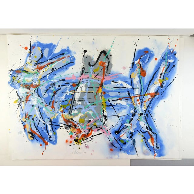 Contemporary Abstract Expressionist Jerry Adams Blue Red Painting on Paper For Sale - Image 3 of 3