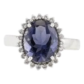 Antique Iolite Halo Ring With Diamond Accents in 925 Sterling Silver - Size 6.5 For Sale