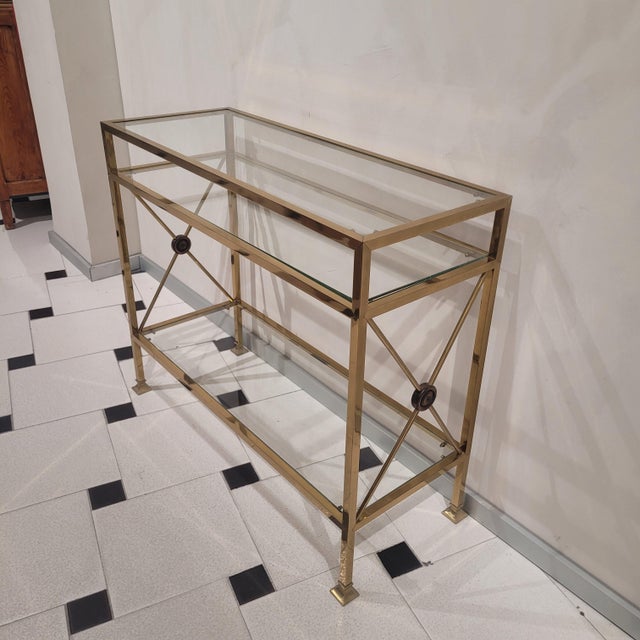 Hollywood Regency Gilt Brass, Wood and Glass Console Table, France, 1970s For Sale - Image 4 of 10