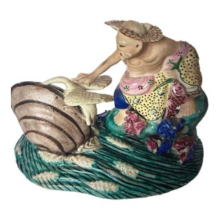 Antique Chinese Famille Rose Porcelain Figural Sculpture With Water Birds, 19th Century For Sale