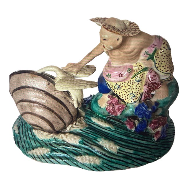 Antique Chinese Famille Rose Porcelain Figural Sculpture With Water Birds, 19th Century For Sale
