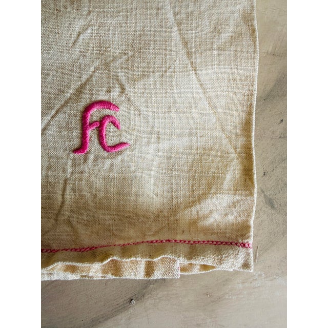 Textile Mid-Century Italian Utility Linen With Fc Monogram 32 X 24 For Sale - Image 7 of 10