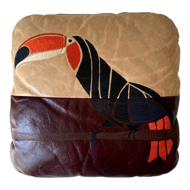 R&y Augousti Leather and Suede Toucan Embroidered Pillow For Sale