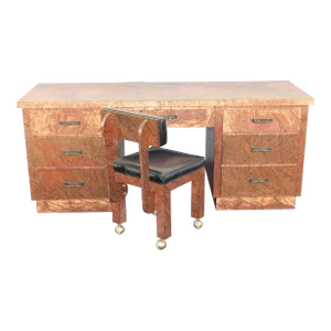 1960's Mid Century Modern Copper Clad 7 Drawer Writing Desk With Matching Chair