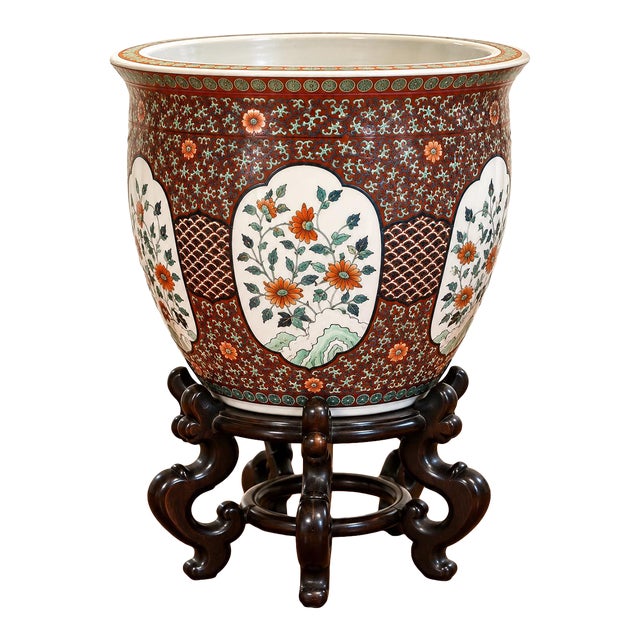 Large Vintage Chinese Porcelain Jardinière / Cachepot / Goldfish Bowl /Carved Hardwood Stand For Sale
