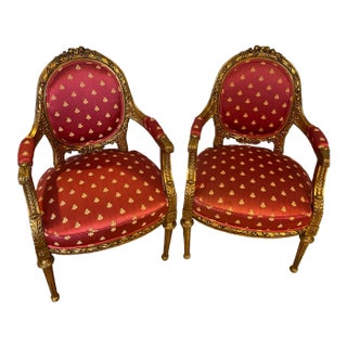 Late 20th Century Pair of Vintage French Gilt Louis the XVI Bee Chairs For Sale