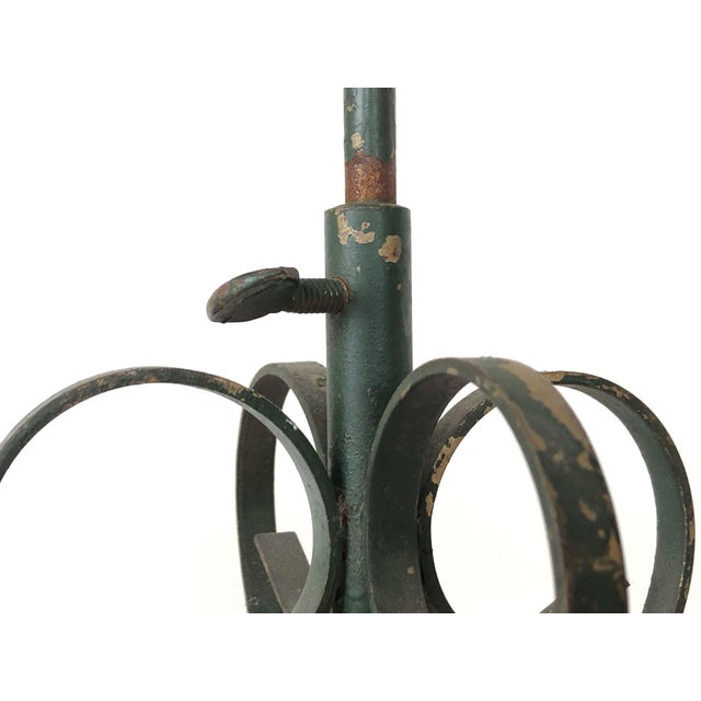 Antique Hand Forged adjustable wrought Iron Candlestick. Fleure de LYS motif. Original Patina Rustic Green