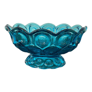 1960s l.e. Smith Moon & Stars Compote Dish; Turquoise Blue Glass, MCM Glass