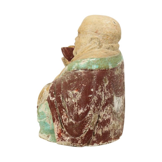 Large Laughing Buddha Wooden Polychrome Sculpture For Sale - Image 3 of 17