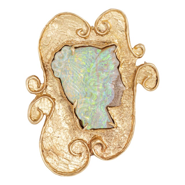60s Vintage Carved Opal Cameo Pendant 14k Yellow Gold Brooch Fine Estate Jewelry For Sale