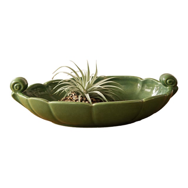 Vintage Mid-Century Modern Green Pottery Oval Planter Dish | Usa, 1960s For Sale