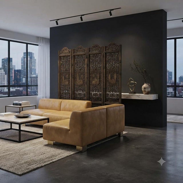 Oriental Rustic Vintage Finish Openwork Geometric 4 Panels Wood Floor Screen For Sale - Image 4 of 10