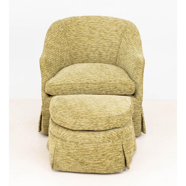 Modern Green Upholstered Tub Chair and Ottoman. Chair: 30" H x 30" W x 30"D; seat: 17" H. Provenance: From an Upper East...