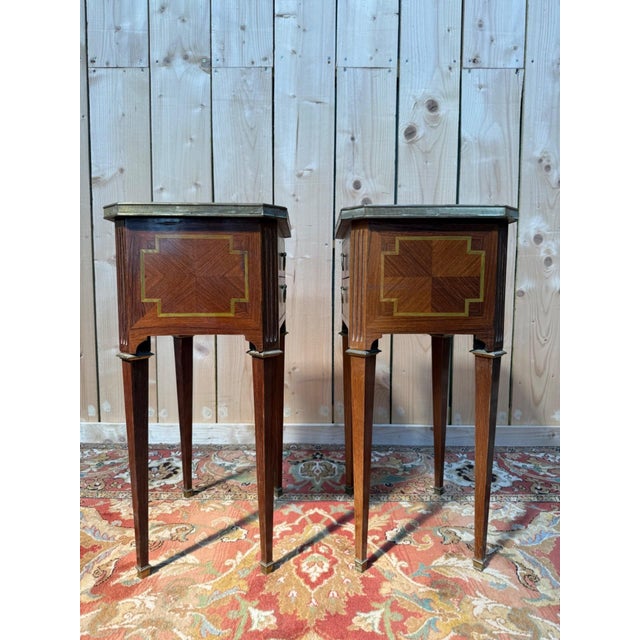 Louis XVI Bedside Tables in Marquetry and Marble by Maison Gouffé, 1950s, Set of 2 For Sale - Image 6 of 8