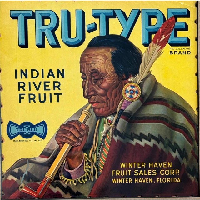 Original Vintage TRU- TYPE Fla. Fruit Crate Label, Native American ...