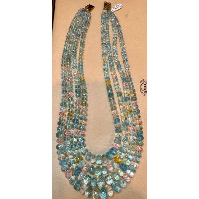 2010s 1000 Carat Natural Fine Aquamarine Bead Necklace, Four Strand in Metal Clasp For Sale - Image 5 of 18
