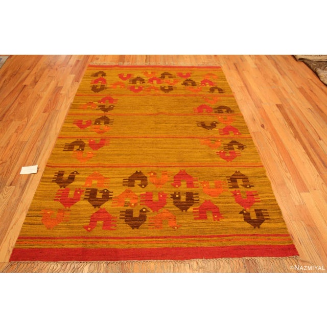 Eye-Catching Vintage Flat Woven Scandinavian Swedish Folk Art Chicken Motif Kilim Rug, Country of Origin: Scandinavia,...
