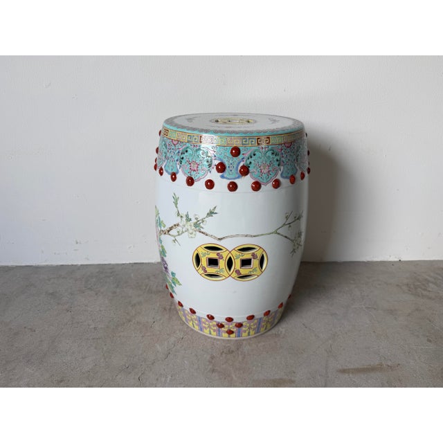 Vintage Chinese Famille Rose-Style Hand-Painted Porcelain Garden Stool With Pierced Cash-Coin Motifs For Sale - Image 4 of 12