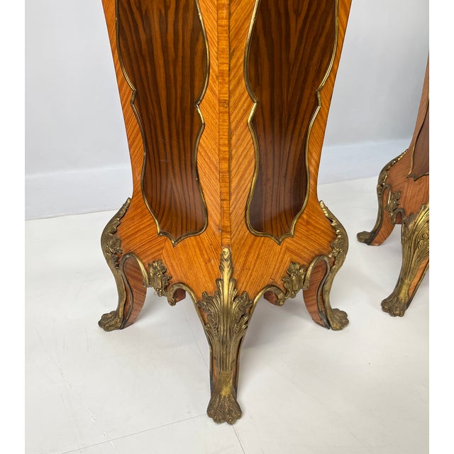 Pair of Mid-20th Century French Rococo Style Marquetry & Ormolu Pedestals With Green Marble Tops For Sale - Image 6 of 16