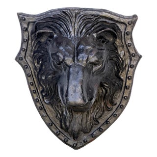 Large 19th C. American Cast-Iron Lion Shield Medallion, Architectural Ornament For Sale