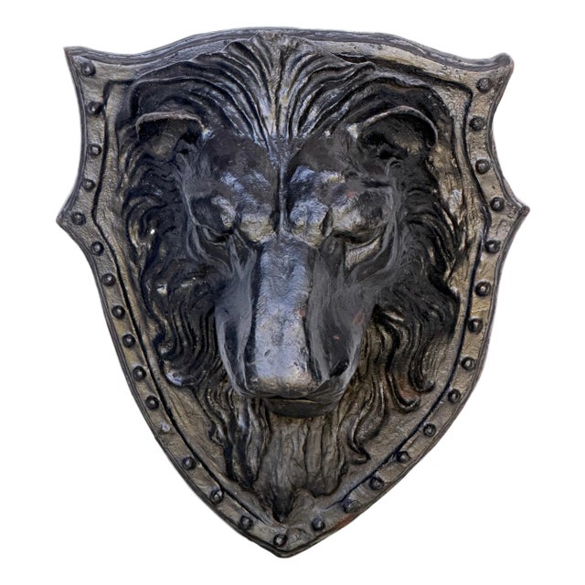 Large 19th C. American Cast-Iron Lion Shield Medallion, Architectural Ornament For Sale