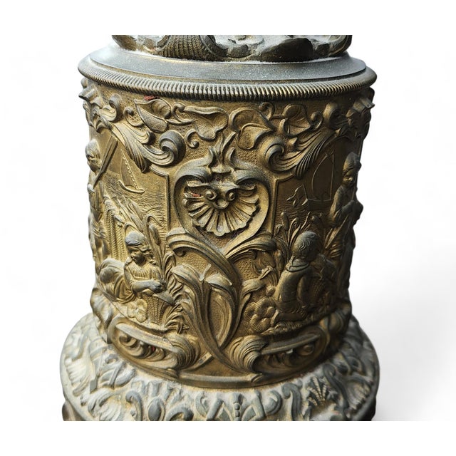 Fine Pair French Mid 19th Century Converted Brass Repoussé Moderator Oil Lamps C1860 For Sale - Image 11 of 12