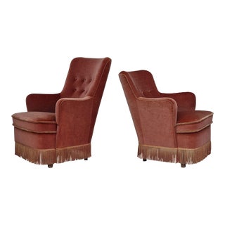 1970s, Danish Set of Two Velour Chairs, Original Condition, Beech Wood. For Sale