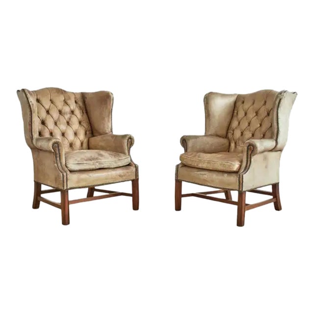 Pair of English Georgian Cigar Leather Wingback Library Chairs For Sale