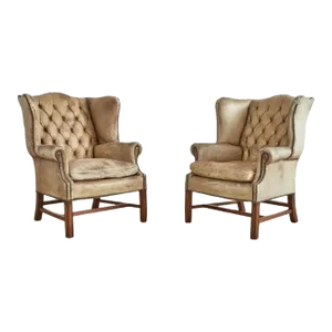 Pair of English Georgian Cigar Leather Wingback Library Chairs