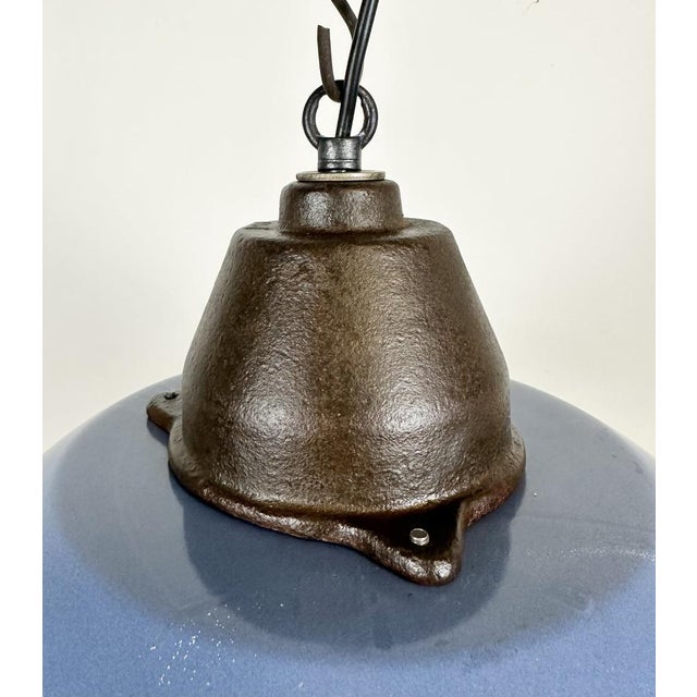 Blue Industrial Blue Enamel and Cast Iron Pendant Light with Glass Cover, 1960s For Sale - Image 8 of 18