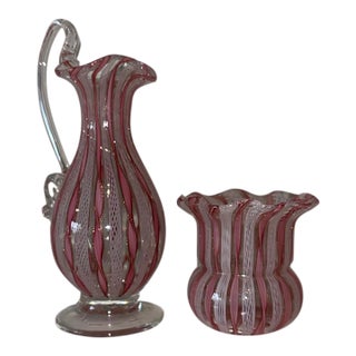 Mid 20th Century Murano Pink & White Latticino Filigree Glass Pitcher & Vase - Set of 2 For Sale