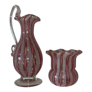 Mid 20th Century Murano Pink & White Latticino Filigree Glass Pitcher & Vase - Set of 2