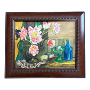 1940’s Original Impressionist Flowers and Glassware Still Life Painting