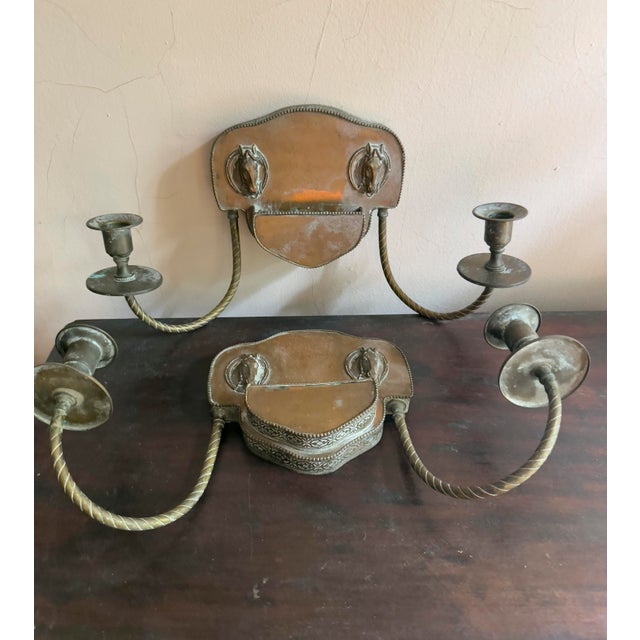 1970s Vintage Colonial Revival Brass Horse Head Double Arm Wall Sconces, Pair For Sale - Image 14 of 16