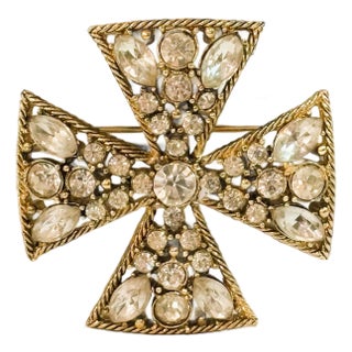 Vintage Collectible Rhinestone Maltese Cross in the Manner of Chanel Brooch Gold Tone For Sale