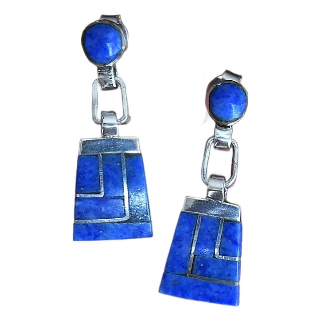 Vintage Escorcia Sterling Silver Lapis Inlaid Dangle Post Earrings, A Pair For Sale
