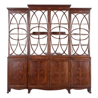 Large English Flame Mahogany Breakfront Bookcase, 1920s For Sale