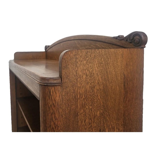 Antique Mission Quarter Sawn Tiger Oak Narrow Open Bookcase With Birdseye Maple Back, c.1900 For Sale - Image 10 of 18