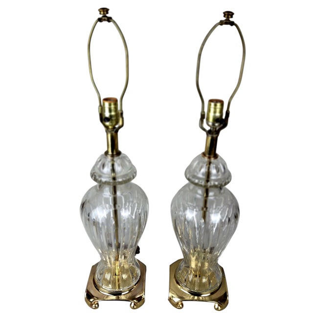 Attributed 1920s European Cut Crystal and Brass Urn Table Lamps – A Pair For Sale - Image 4 of 12