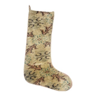 Vintage Kilim Christmas Stocking, Sage Green Handwoven Wool Boho Xmas Decor, One of a Kind Turkish Rug Stocking, Rustic Holiday Gift For Sale