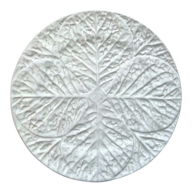 Vintage Portuguese Majolica White Cabbageware Platter –Ceramic Leaf Design For Sale