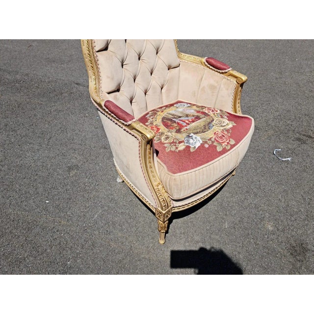 French 20th Century Antique Style Wood Carved Upholstered Bergere Chair for Living Room For Sale - Image 3 of 9
