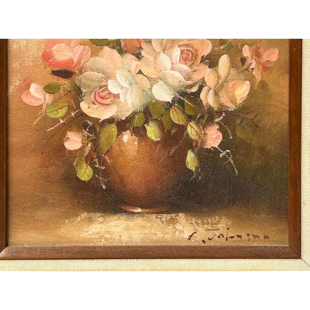 1980s Vintage Blooming Roses Brown Pot Small Canvas Oil Painting For Sale - Image 5 of 6