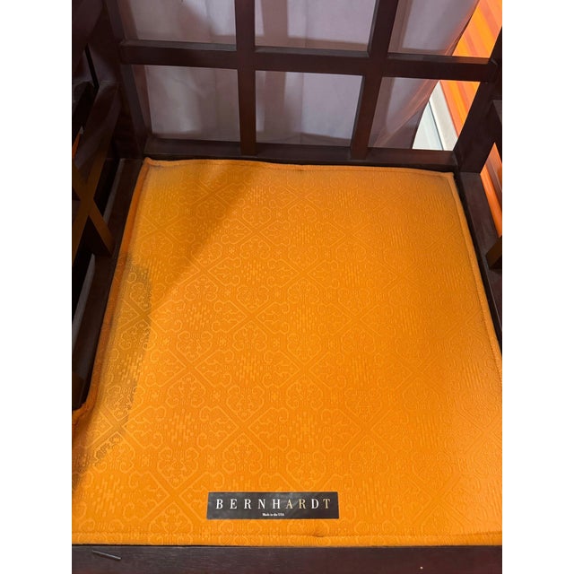 Bernhardt Pair of Lounge Chairs and Ottoman, Dark Wood Frames, Orange Cushions For Sale In Charlotte - Image 6 of 6