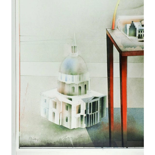 Lithograph on heavy paper of abstract architectural elements. Signed illegibly and numbered 93/700 in pencil lower left....