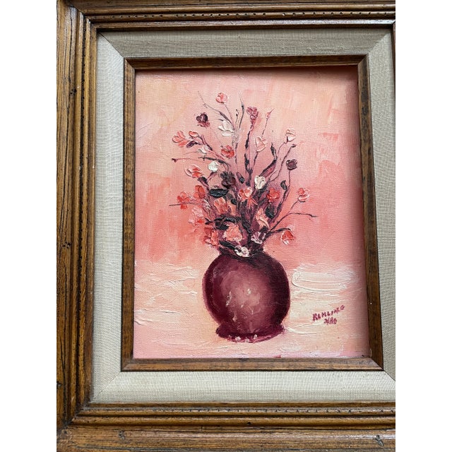 1980s Pink Bouquet of Flowers in Vase Still Life Oil Painting Framed For Sale - Image 4 of 8