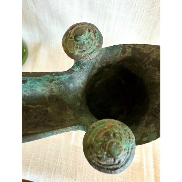 Chinese Archaic-Style Bronze Jue Wine Vessel Sculpture With Verdigris Patina For Sale In Raleigh - Image 6 of 12