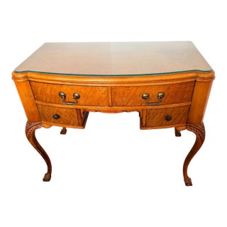 Vintage 1930s Queen Anne Style Burl Wood Writing Desk With Beveled Glass Top For Sale
